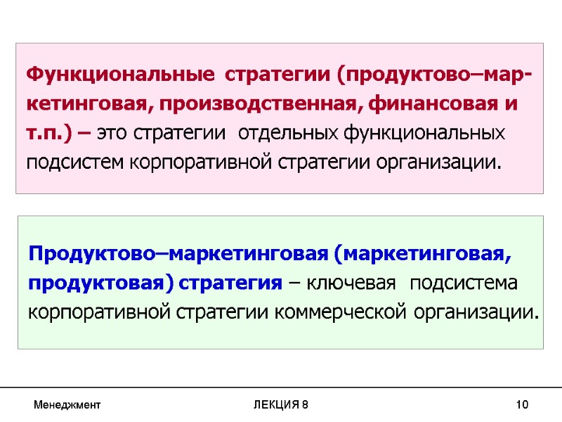 Менеджмент ЛЕКЦИЯ 8 10 Функциональные  стратегии (продуктово–мар- кетинговая, производственная, финансовая и  т.п.)